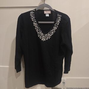 TanJay Black V-Neck Sweater with White Beading